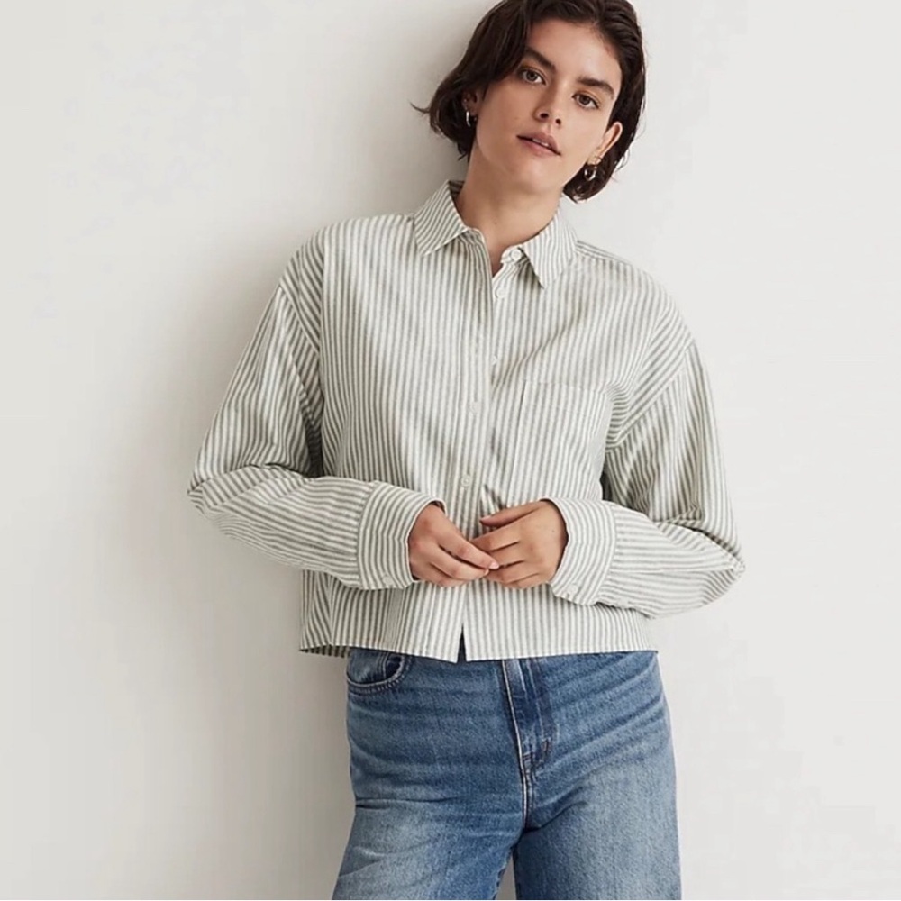 Madewell The Signature Oxford Crop Shirt Stripe Green White NWOT